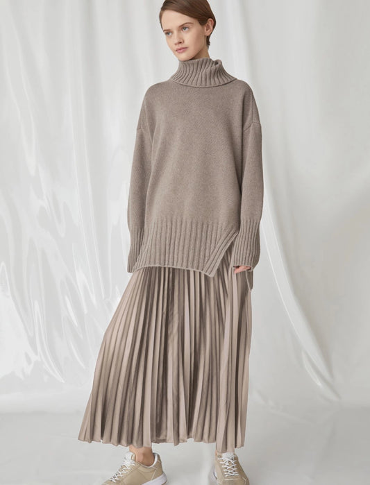 Marella Taupe Satin Pleated Pull On Skirt Agente1