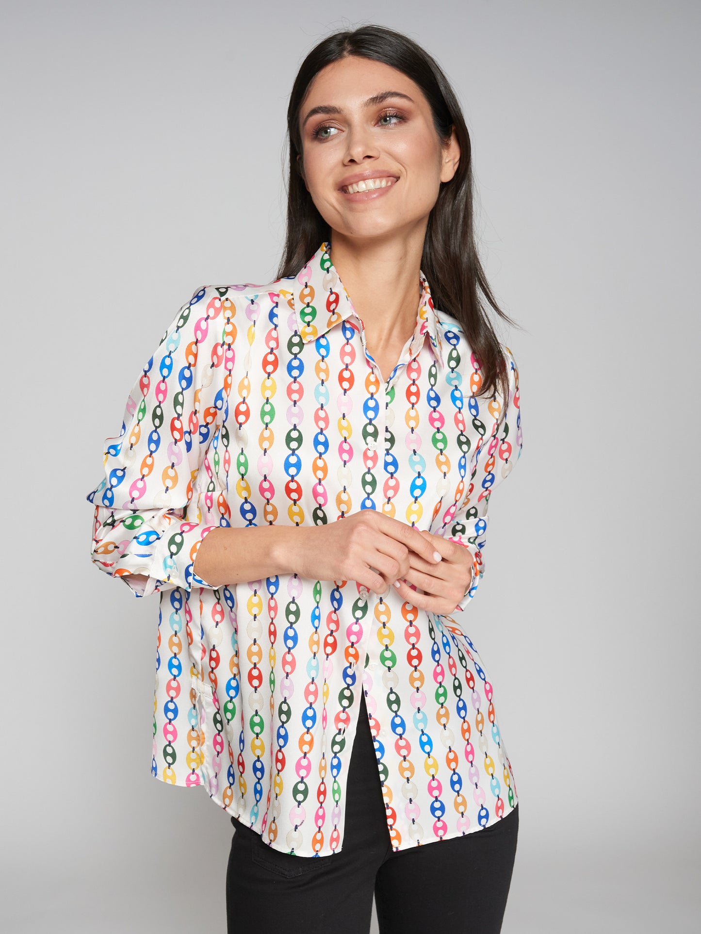 Vilagallo Multi Colour Chain Print Silky Blouse 31704