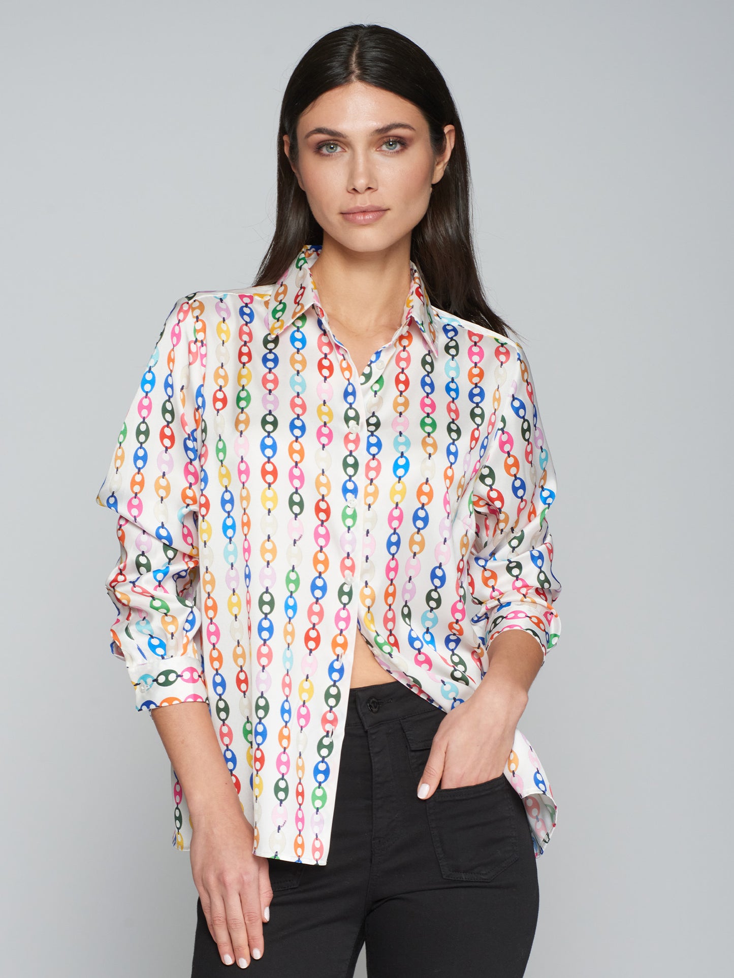 Vilagallo Multi Colour Chain Print Silky Blouse 31704