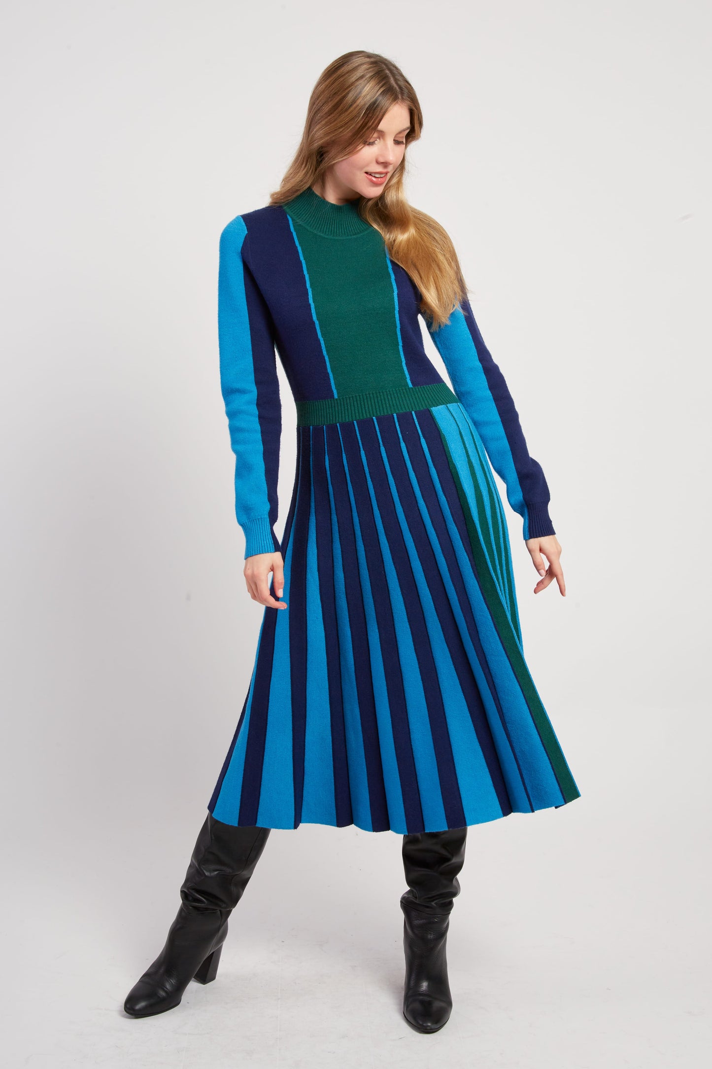 Derhy Blue/Green Long Pleated Skirt Dress Jamie