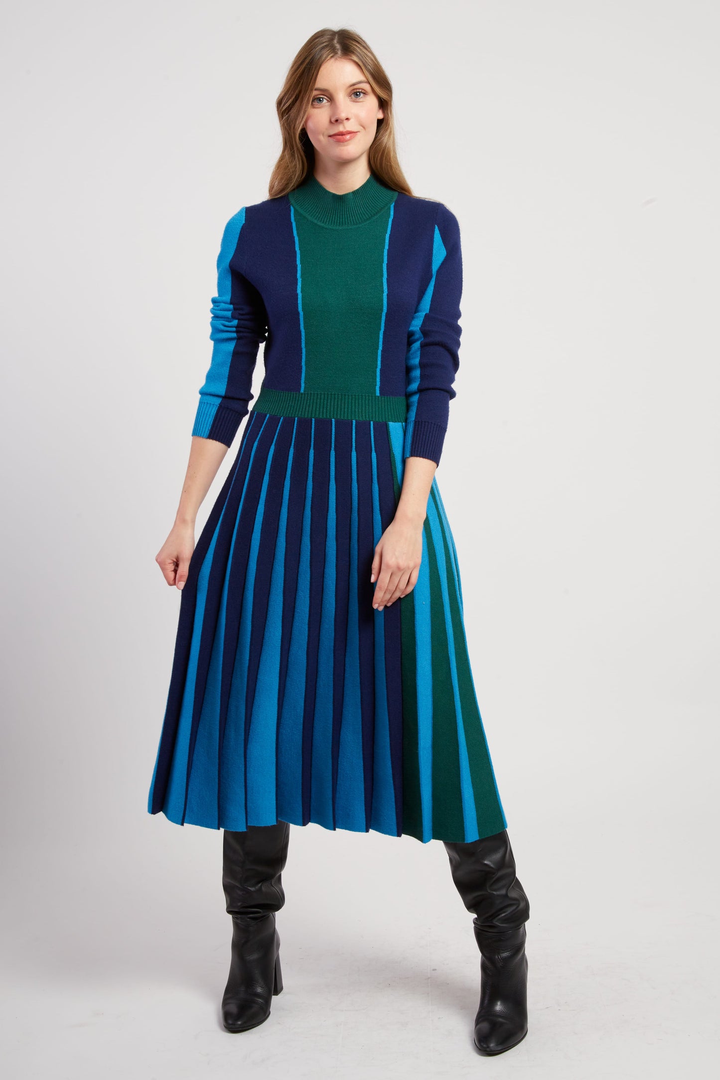 Derhy Blue/Green Long Pleated Skirt Dress Jamie