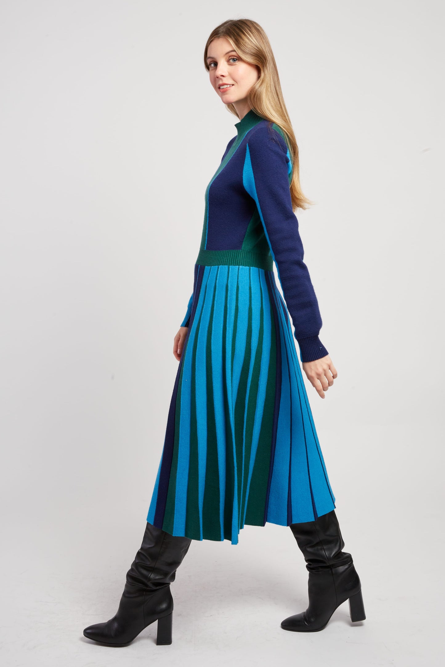 Derhy Blue/Green Long Pleated Skirt Dress Jamie