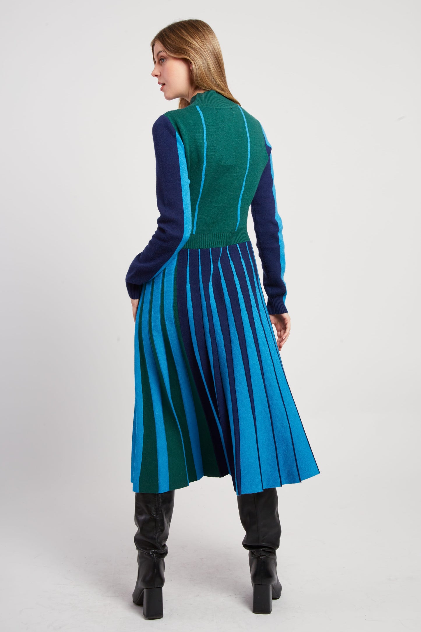 Derhy Blue/Green Long Pleated Skirt Dress Jamie