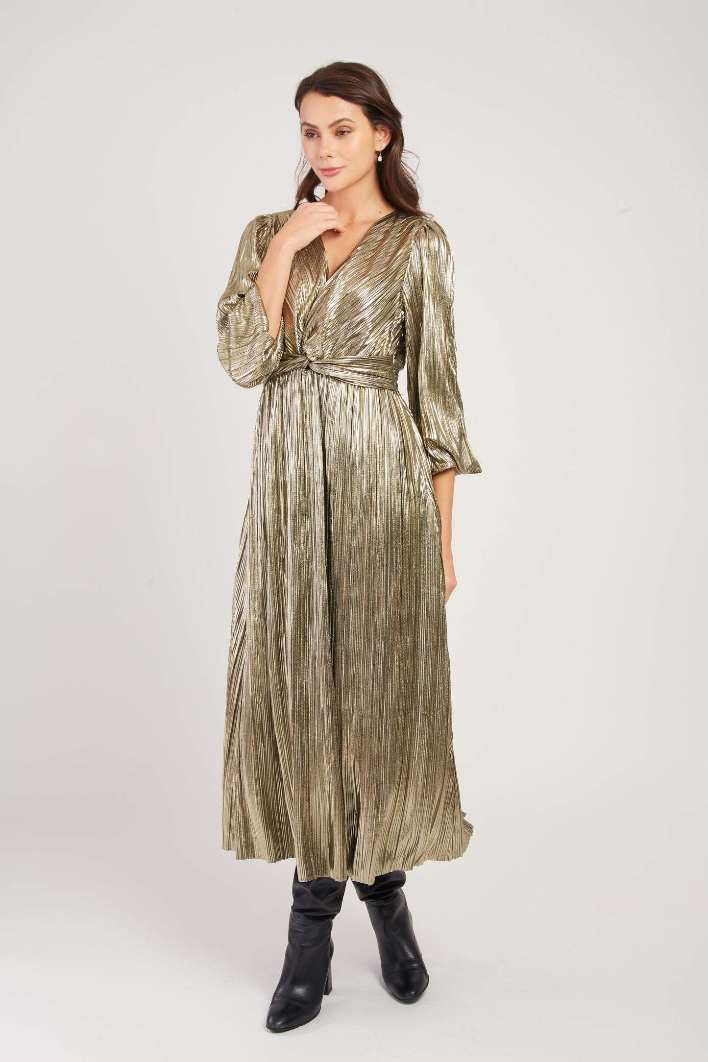 Derhy Gold Metallic Plisse Dress Vassiliki