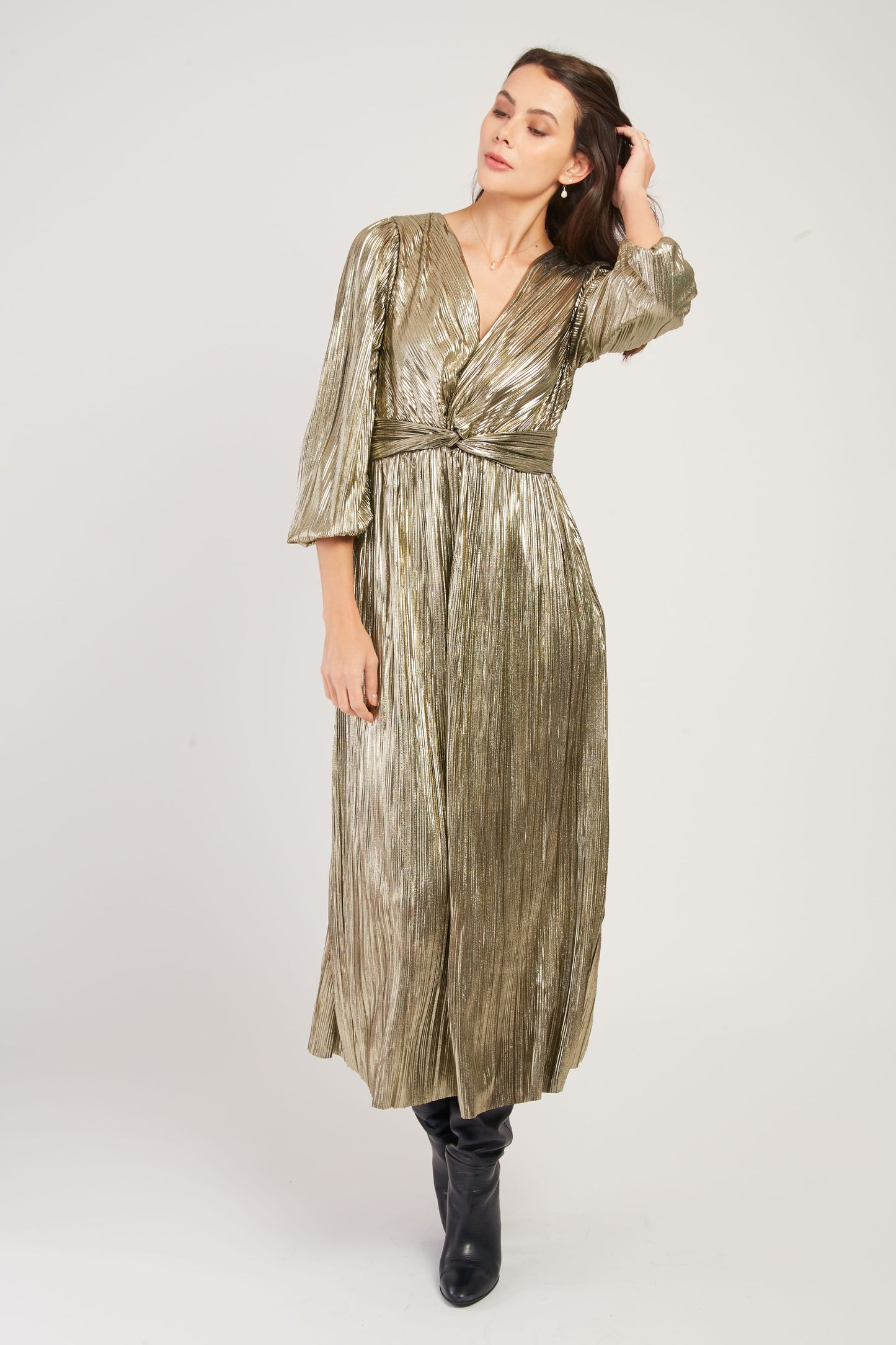 Derhy Gold Metallic Plisse Dress Vassiliki