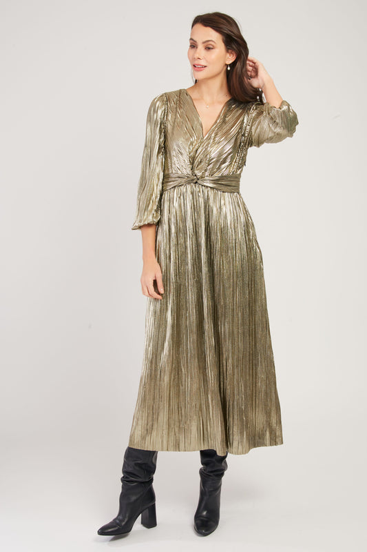 Derhy Gold Metallic Plisse Dress Vassiliki