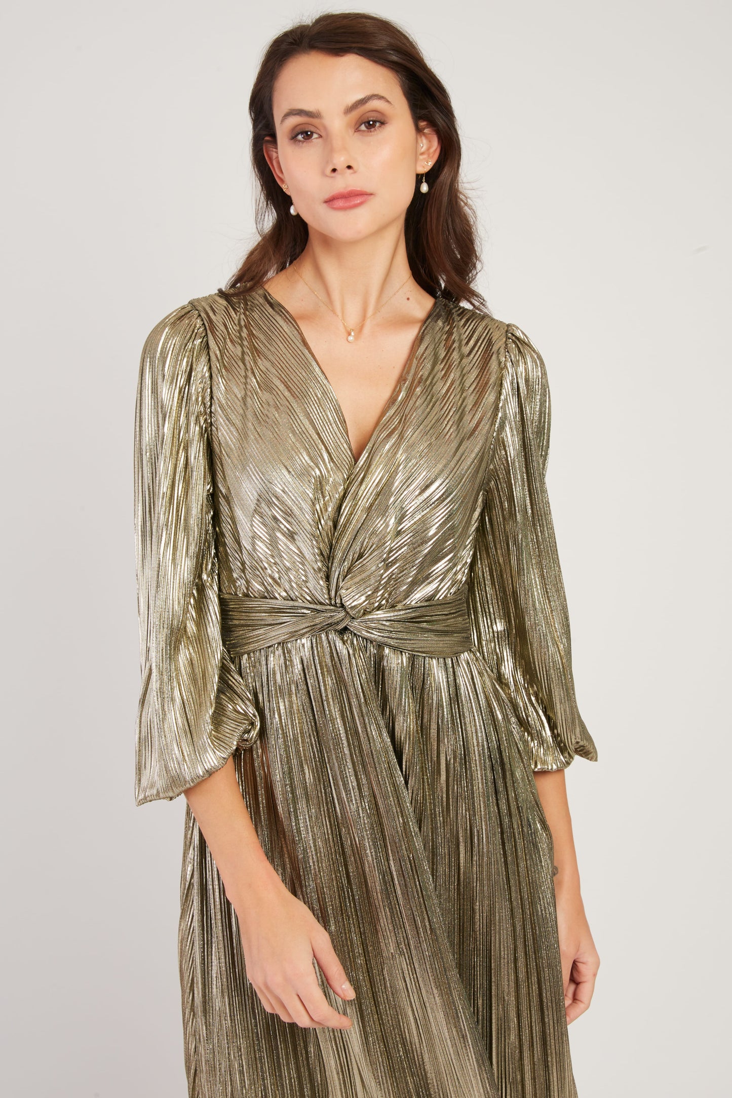 Derhy Gold Metallic Plisse Dress Vassiliki