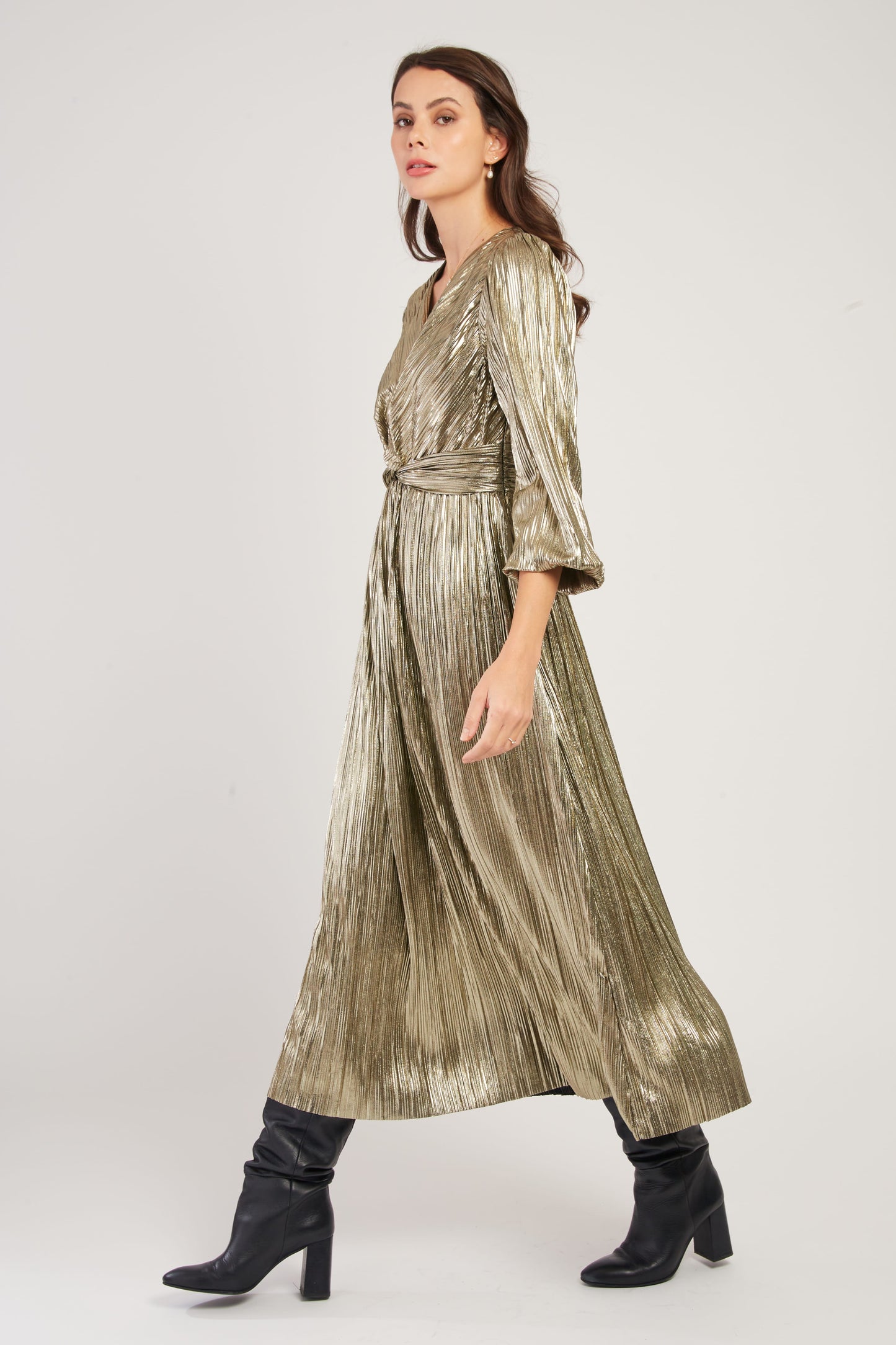 Derhy Gold Metallic Plisse Dress Vassiliki