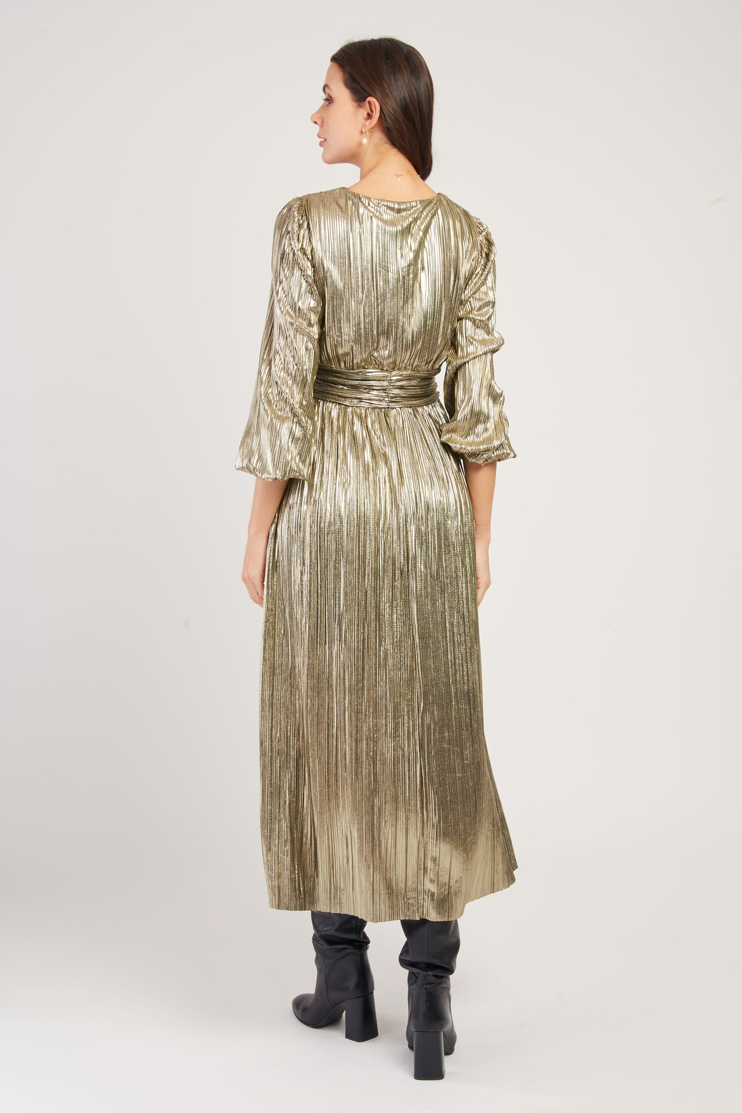 Derhy Gold Metallic Plisse Dress Vassiliki