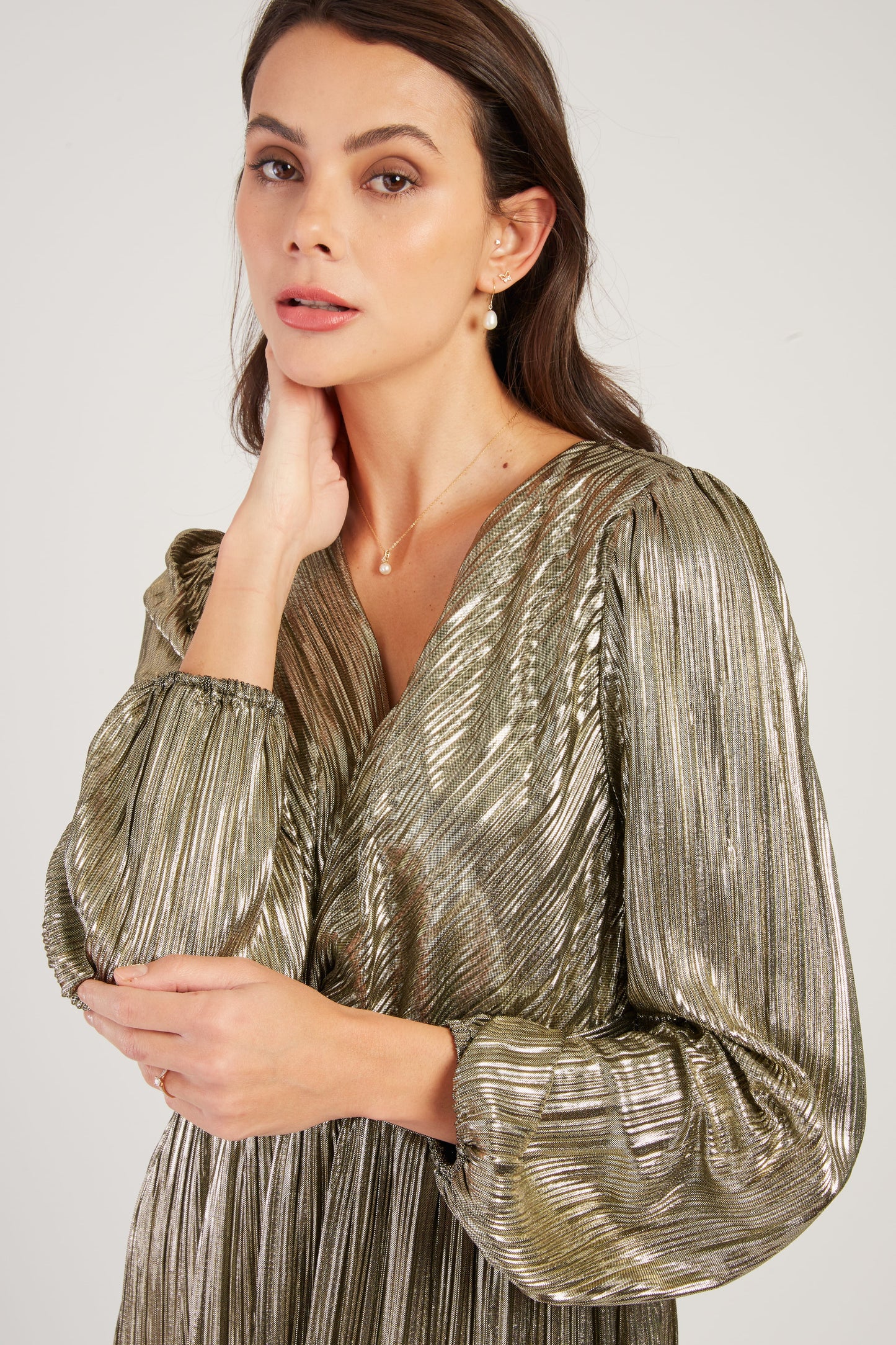 Derhy Gold Metallic Plisse Dress Vassiliki