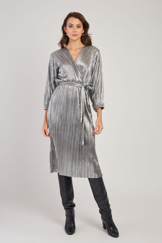 Derhy Silver Metallic Plissed Dress Vassiliki