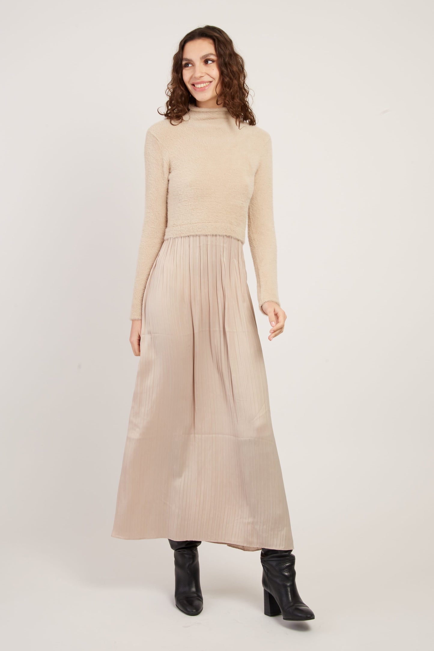 Derhy Beige Knit Sweater with Silky Dress Verlaine