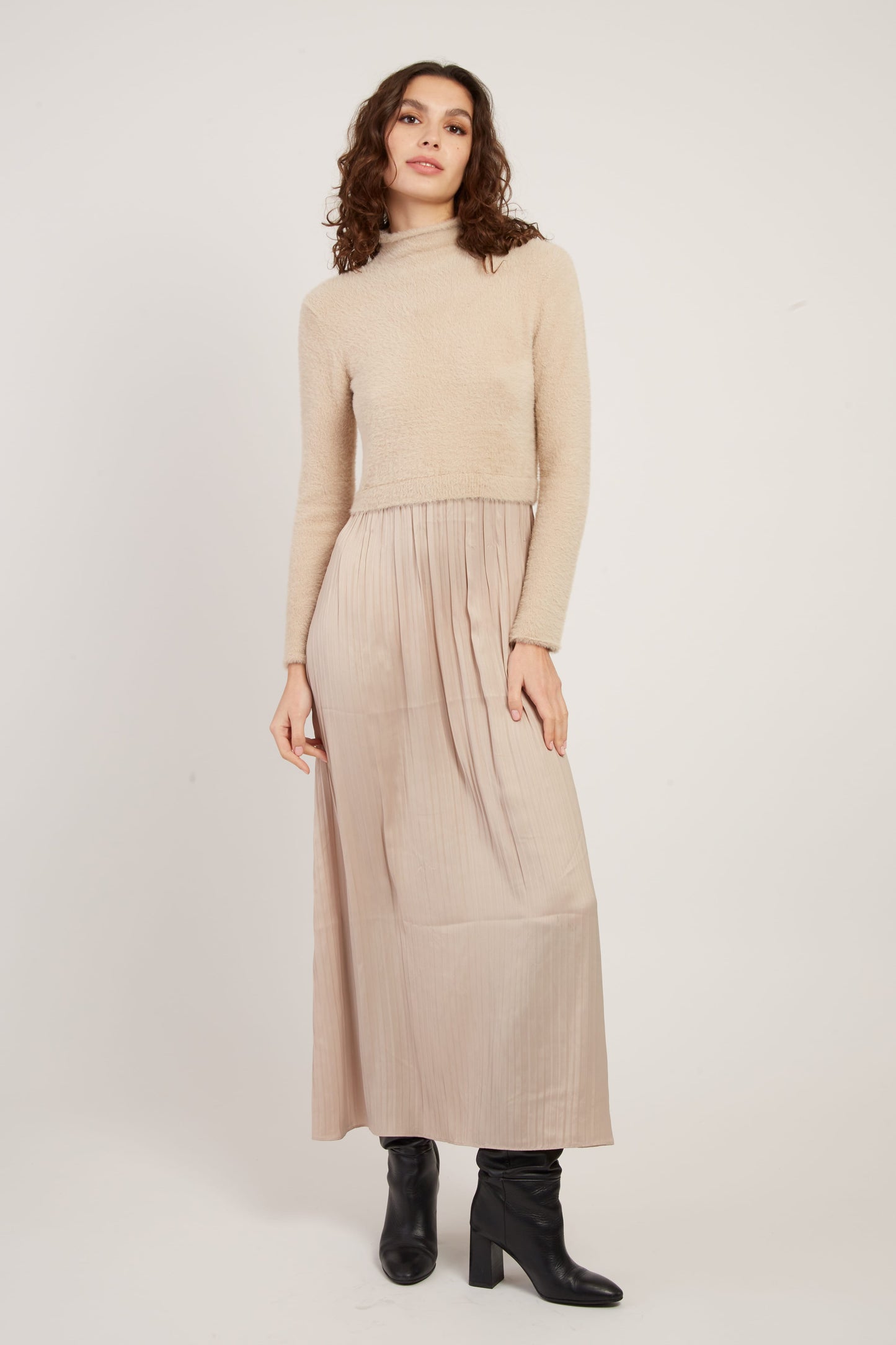 Derhy Beige Knit Sweater with Silky Dress Verlaine