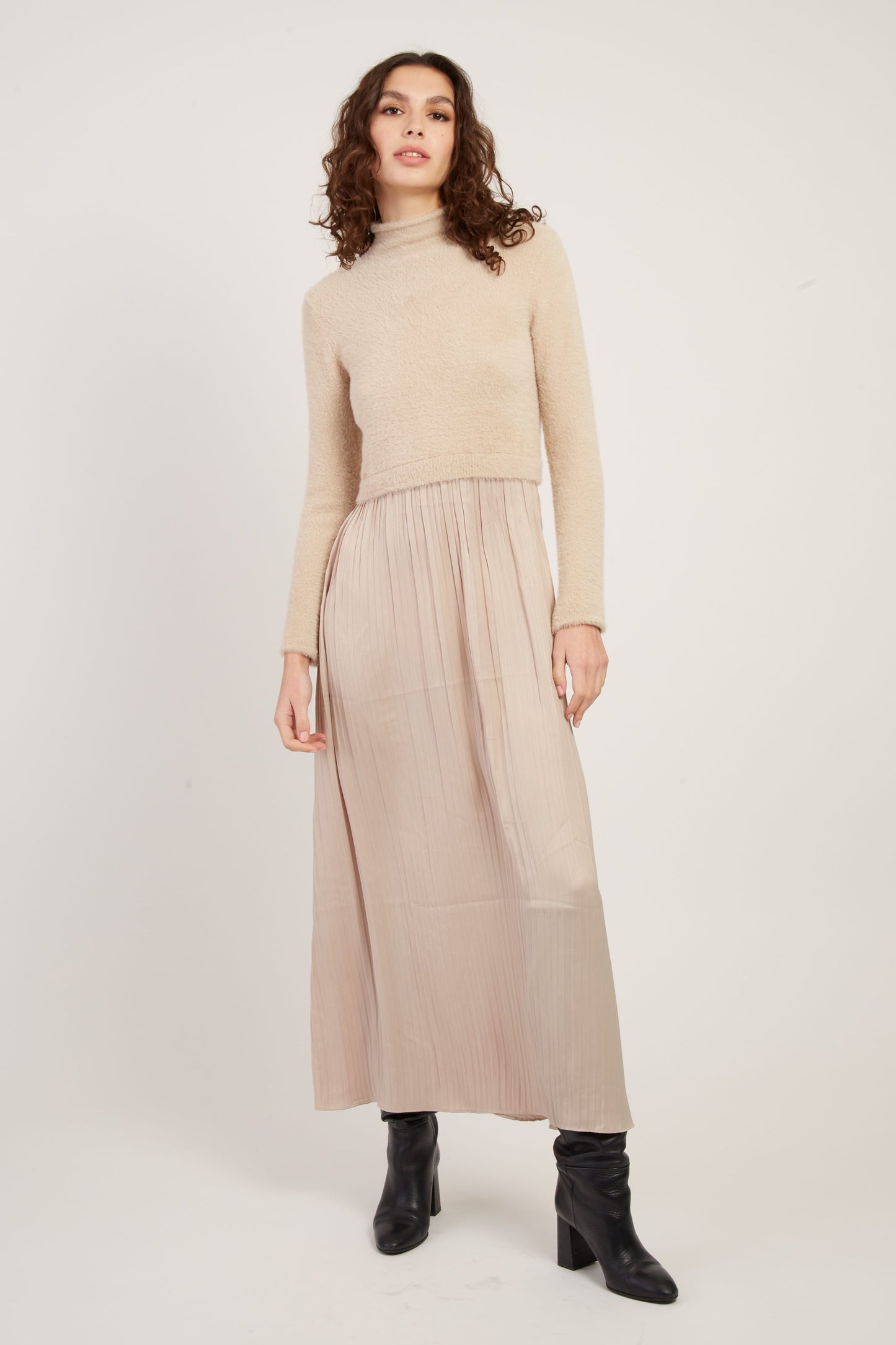 Derhy Beige Knit Sweater with Silky Dress Verlaine