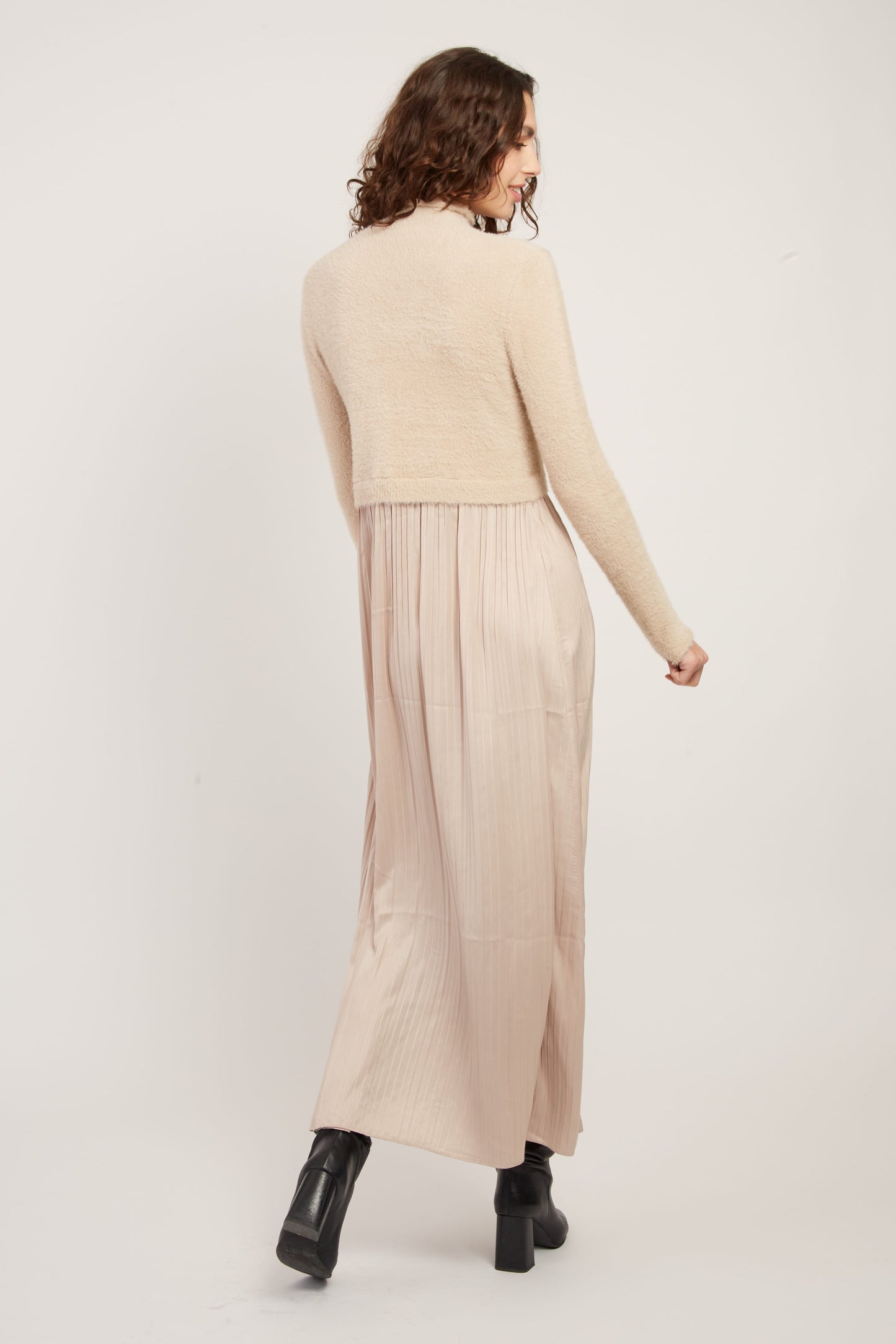 Derhy Beige Knit Sweater with Silky Dress Verlaine