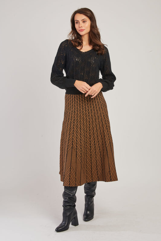 Derhy Beige/Black Check Long Knit Skirt Galante