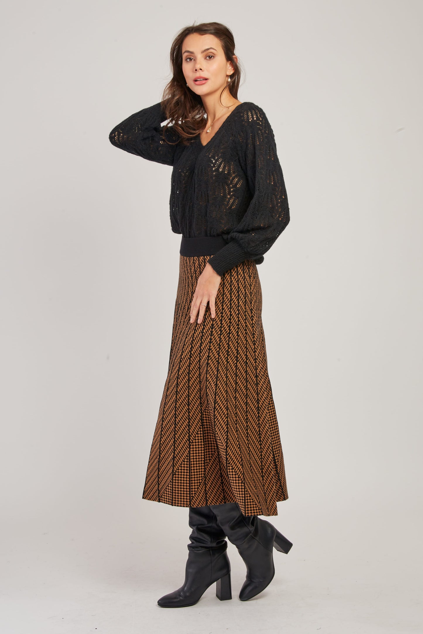 Derhy Beige/Black Check Long Knit Skirt Galante