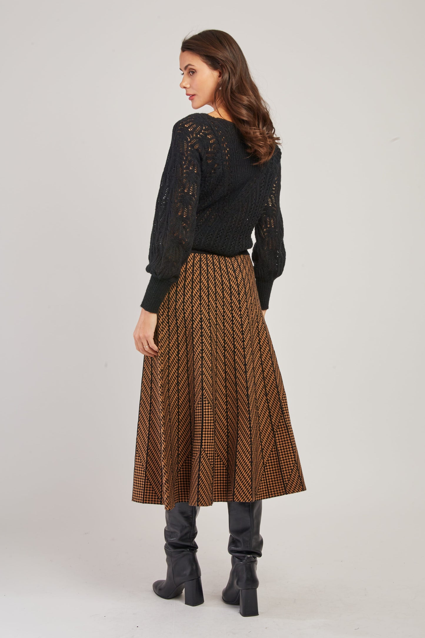 Derhy Beige/Black Check Long Knit Skirt Galante