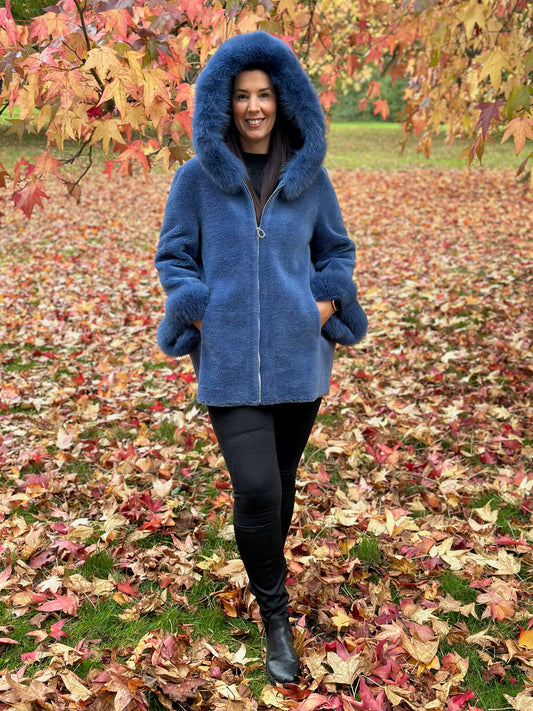 Levinsky Blue Sheepskin Coat with Fur Trim Franciane