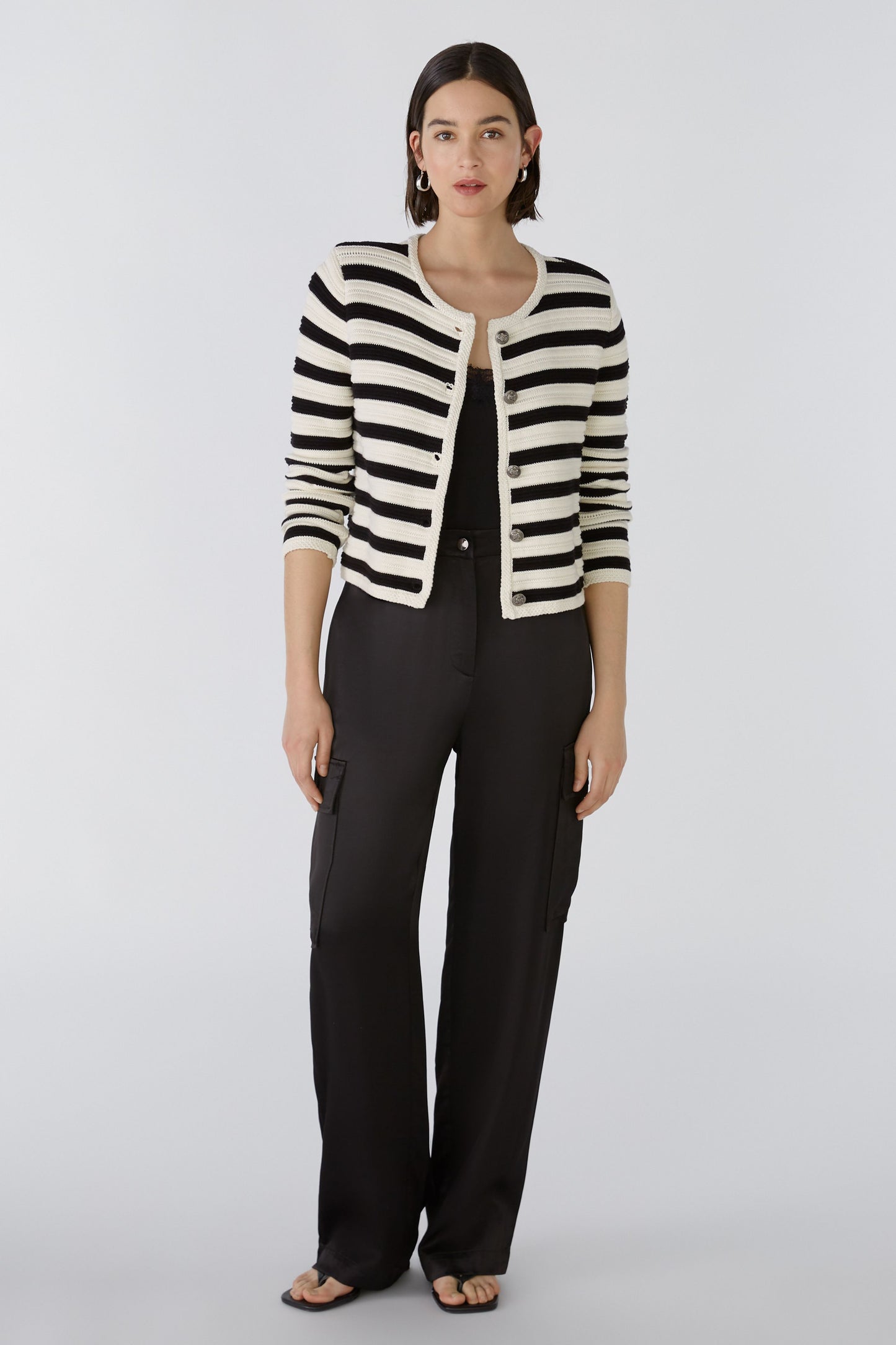 Oui Black & Cream  Striped Cardigan 88263