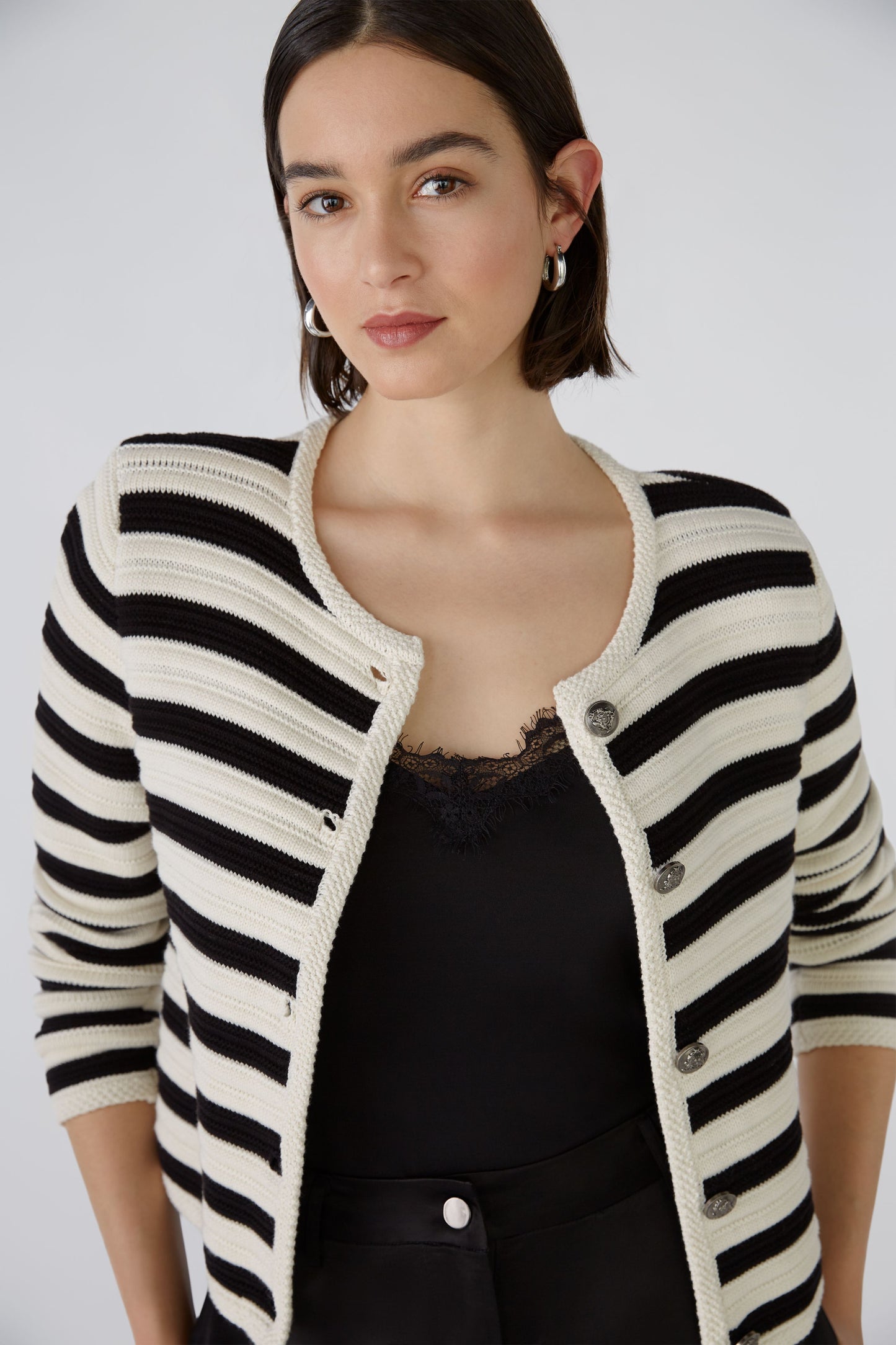 Oui Black & Cream  Striped Cardigan 88263