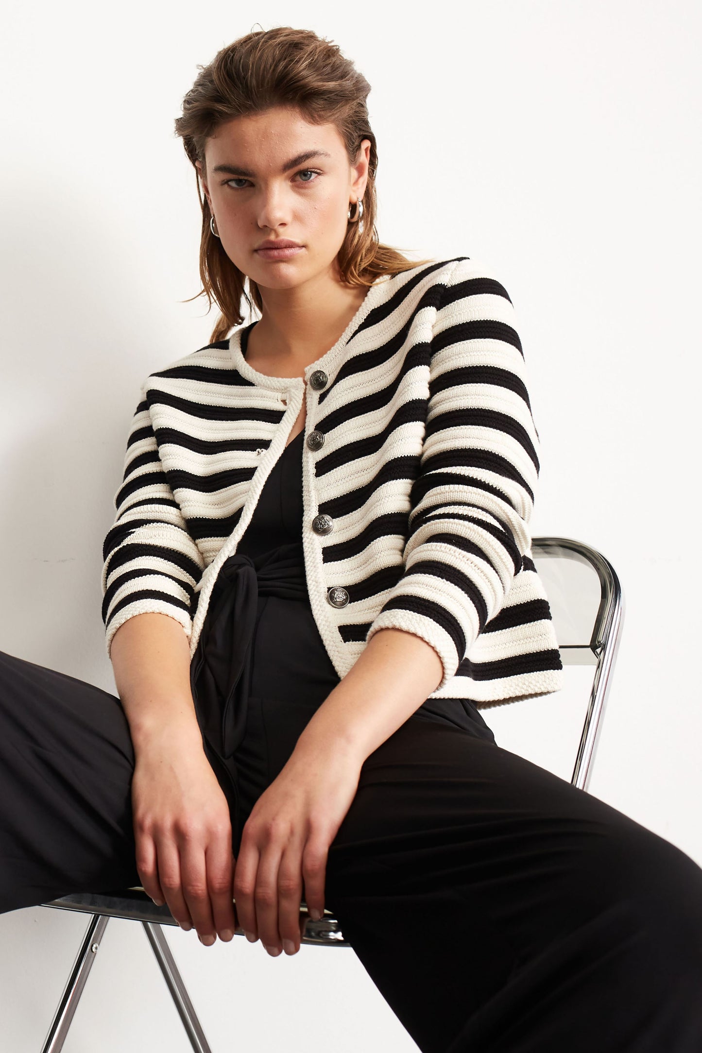 Oui Black & Cream  Striped Cardigan 88263