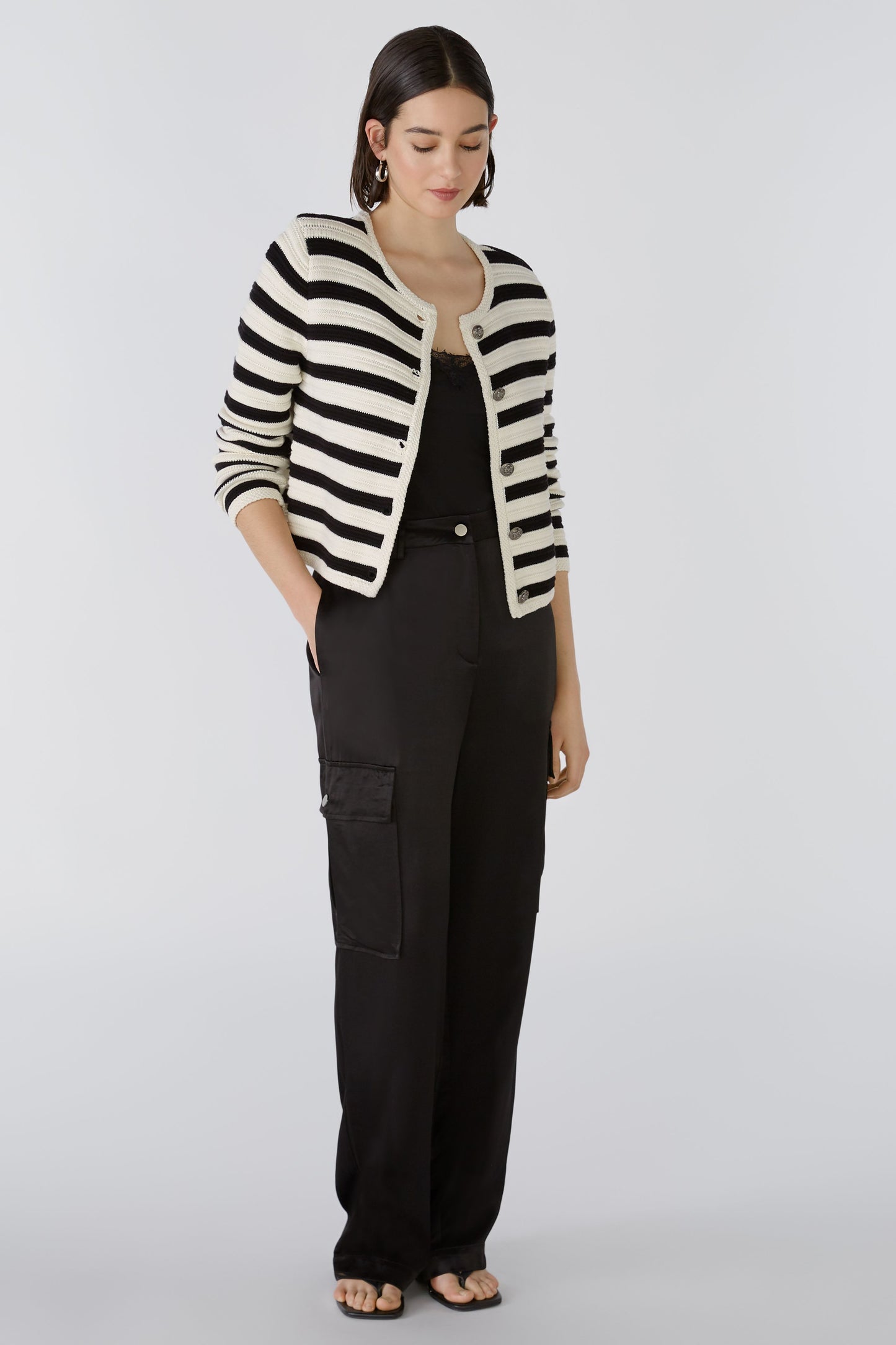 Oui Black & Cream  Striped Cardigan 88263