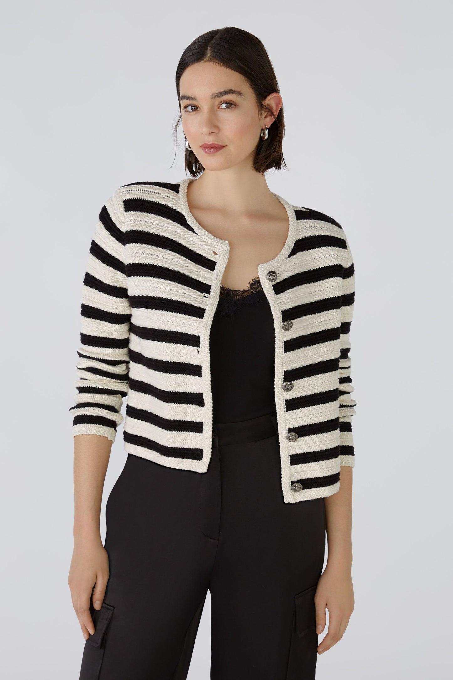 Oui Black & Cream  Striped Cardigan 88263