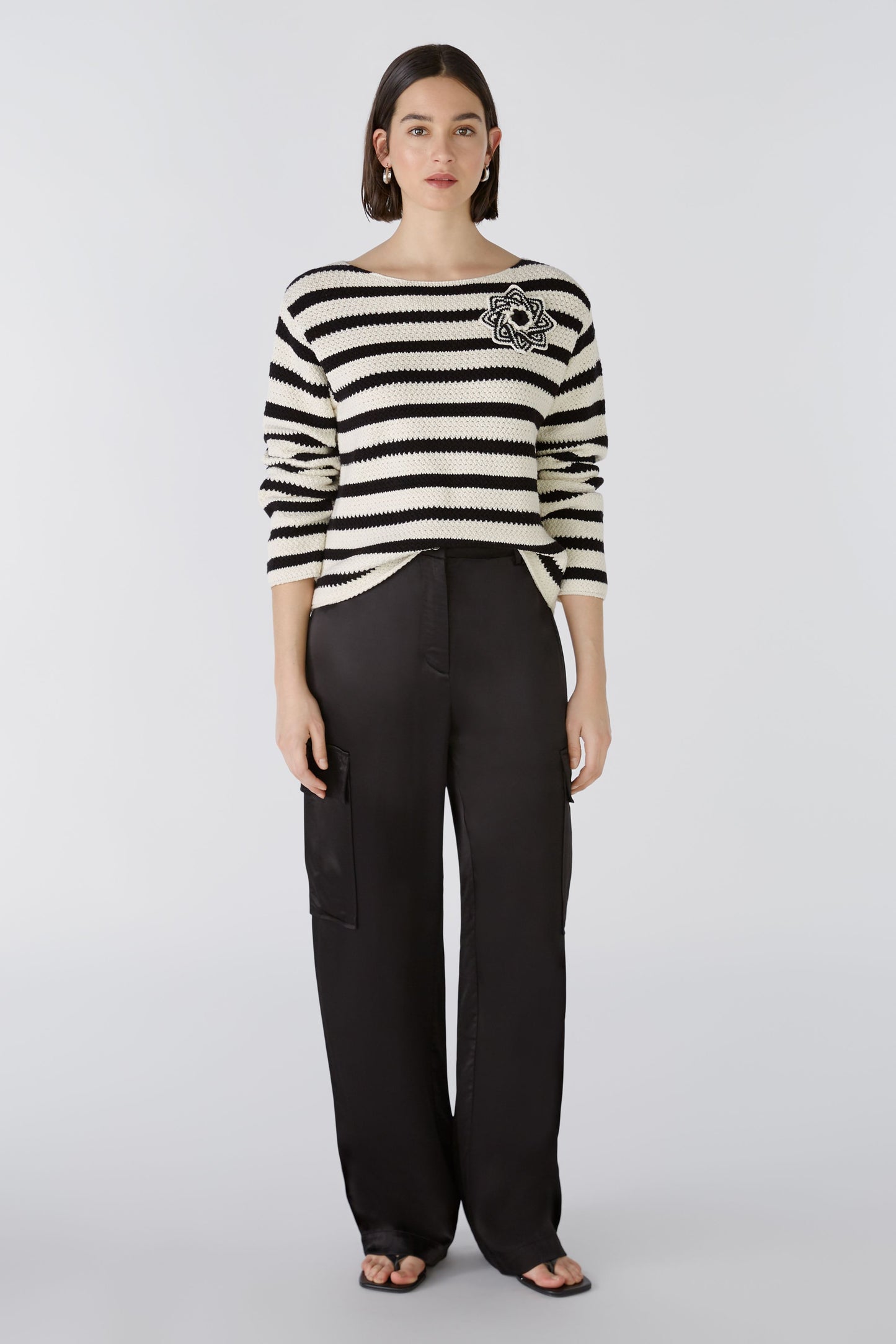 Oui Cream & Black Striped Sweater 88286