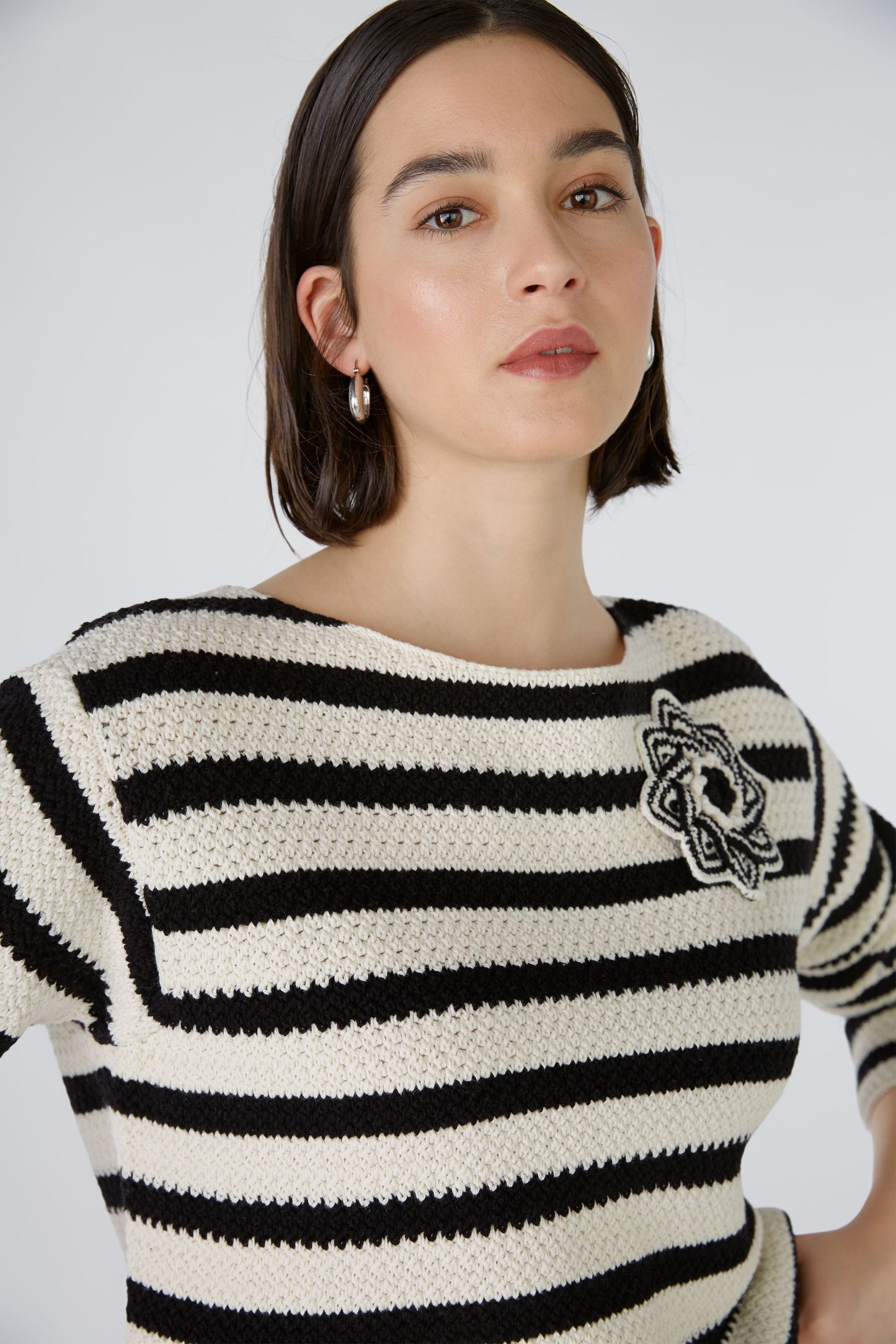 Oui Cream & Black Striped Sweater 88286