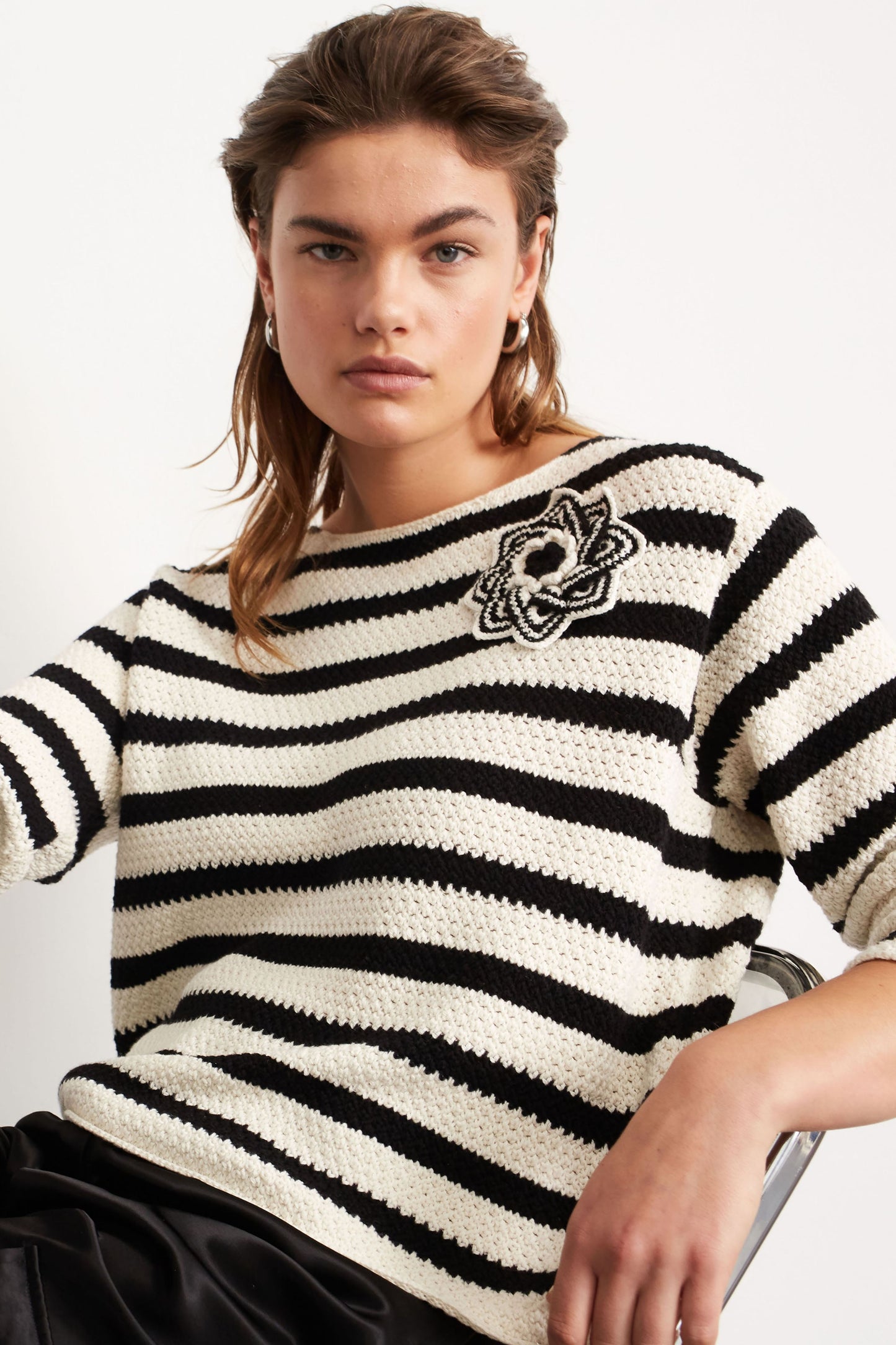 Oui Cream & Black Striped Sweater 88286