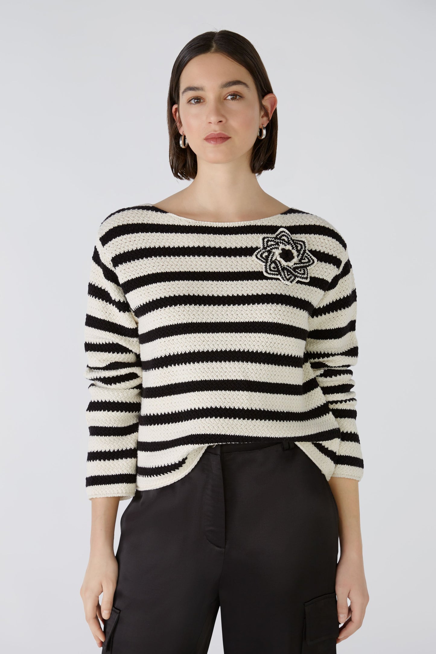 Oui Cream & Black Striped Sweater 88286