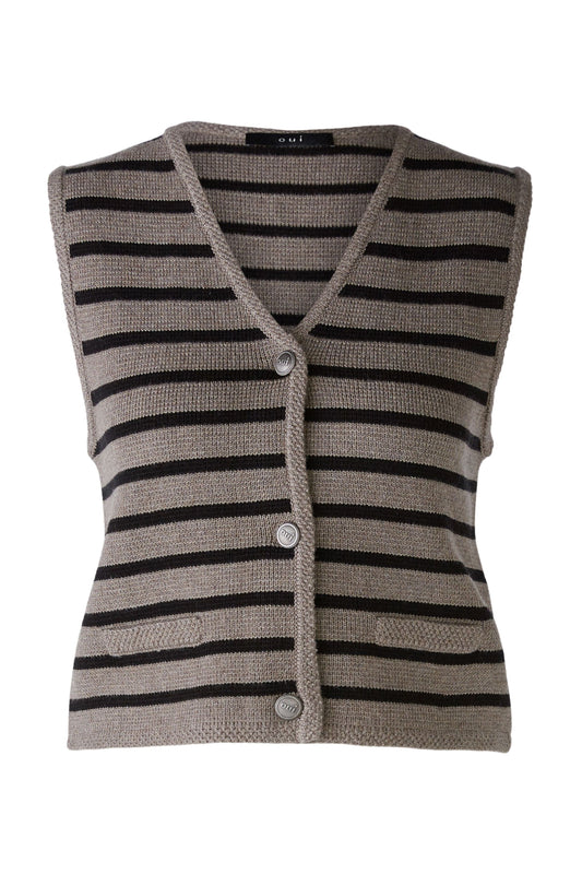 Oui 89306 Taupe/Black Stripe Fitted Waistcoat