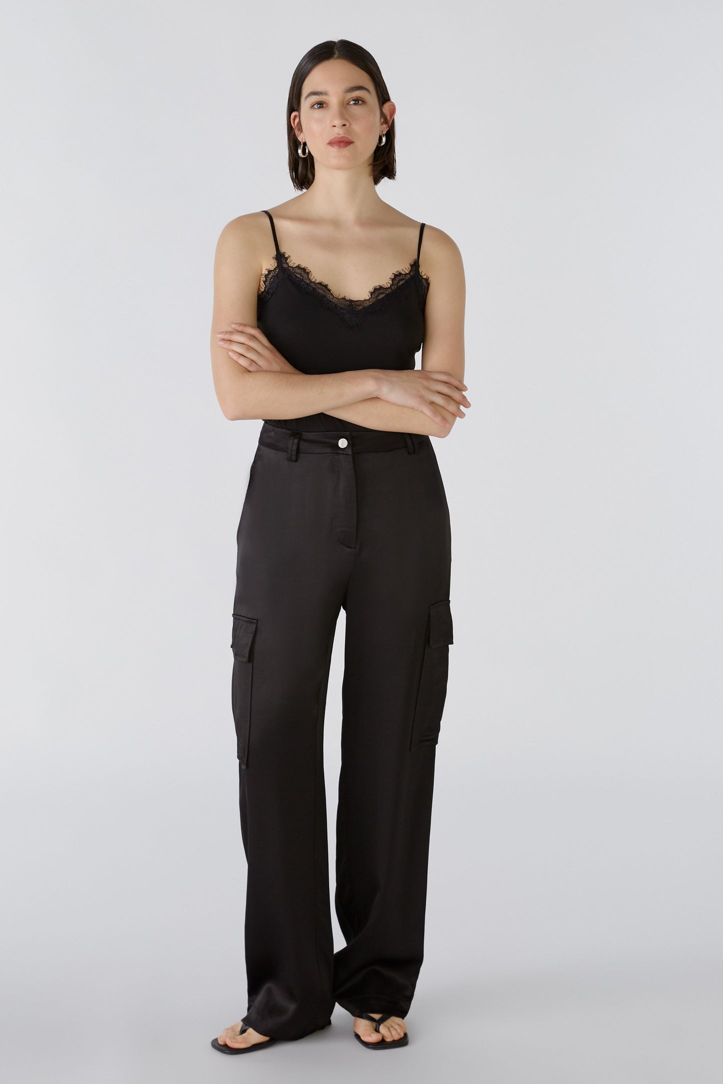 Oui Black Satin Cargo Trousers 88532