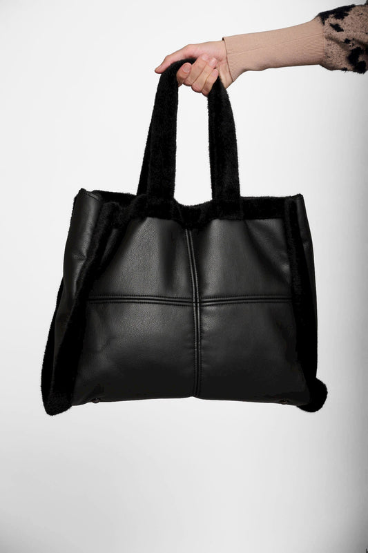 Rino & Pelle Black Faux Leather/Sheepskin Tote Jasmin