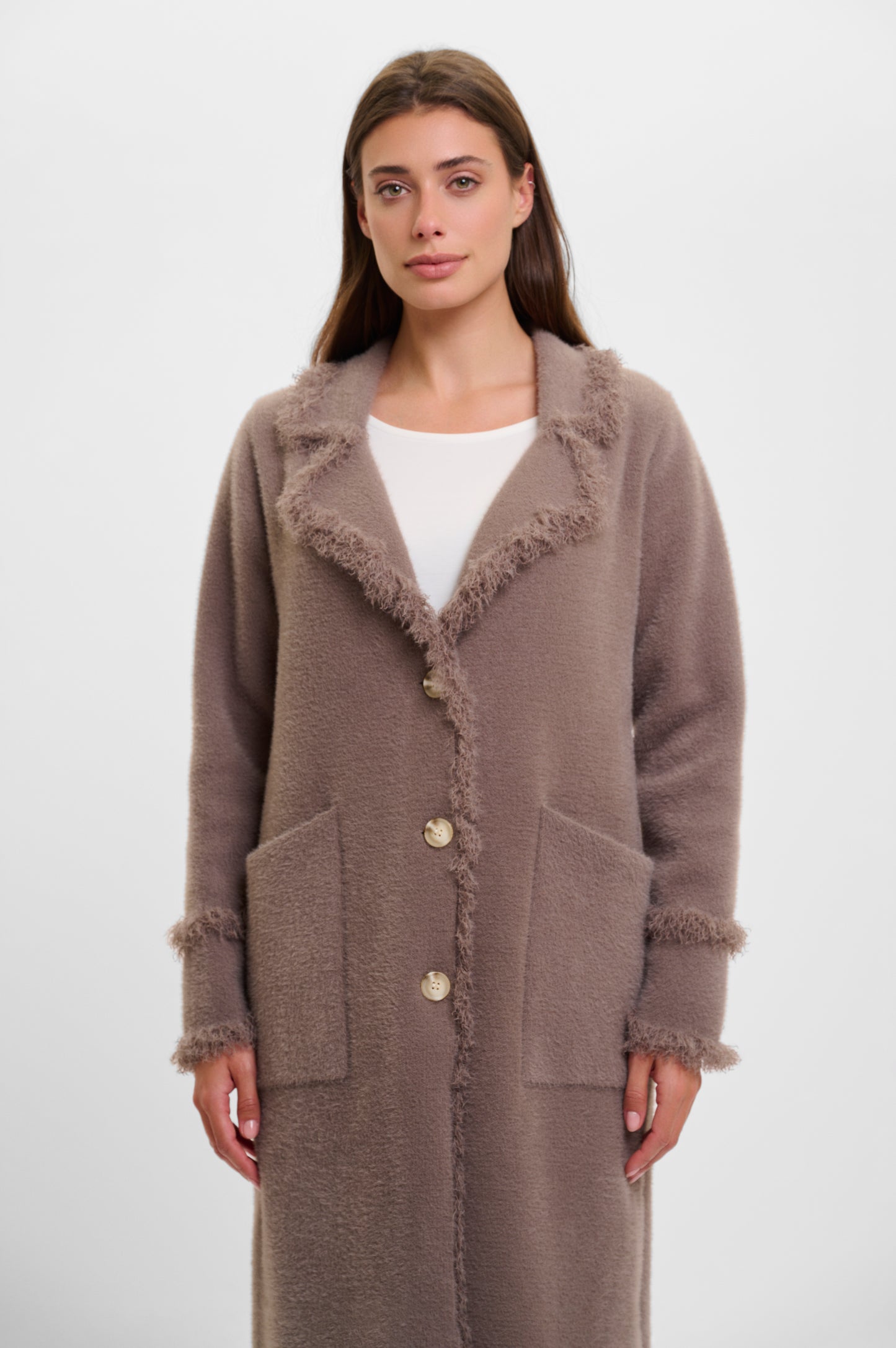 Rino & Pelle Taupe Fringed Edge Long Cardigan Catena