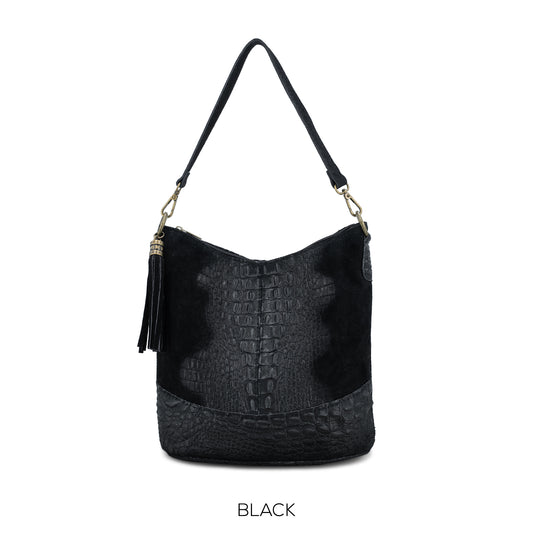 Moda Black Suede Croc Print Bucket Bag ITAL02172