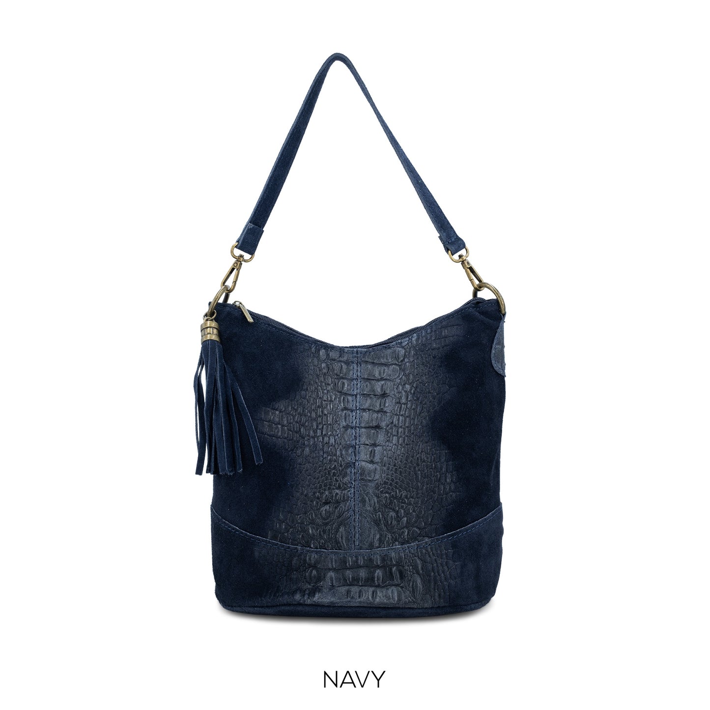 Moda Navy Suede Croc Print Bucket Bag ITAL02172