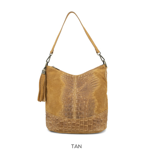 Moda Tan Suede Croc Print Bucket Bag ITAL02172