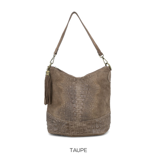 Moda Taupe Suede Croc Print Bucket Bag ITAL02172